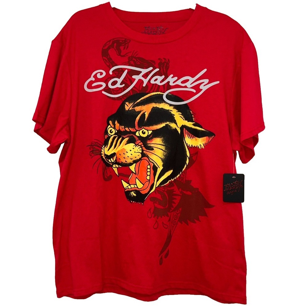 Ed Hardy Mens T-Shirt XL Panther Head Snake Red Y2K Tee Short Sleeve NEW